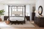 Retreat Pole Rattan King Upholstered Poster Bed withCanopy